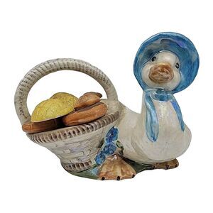 Vintage Blue Bonnet Duck Goose & Basket W Pastries Figurine Ceramic Hand Painted